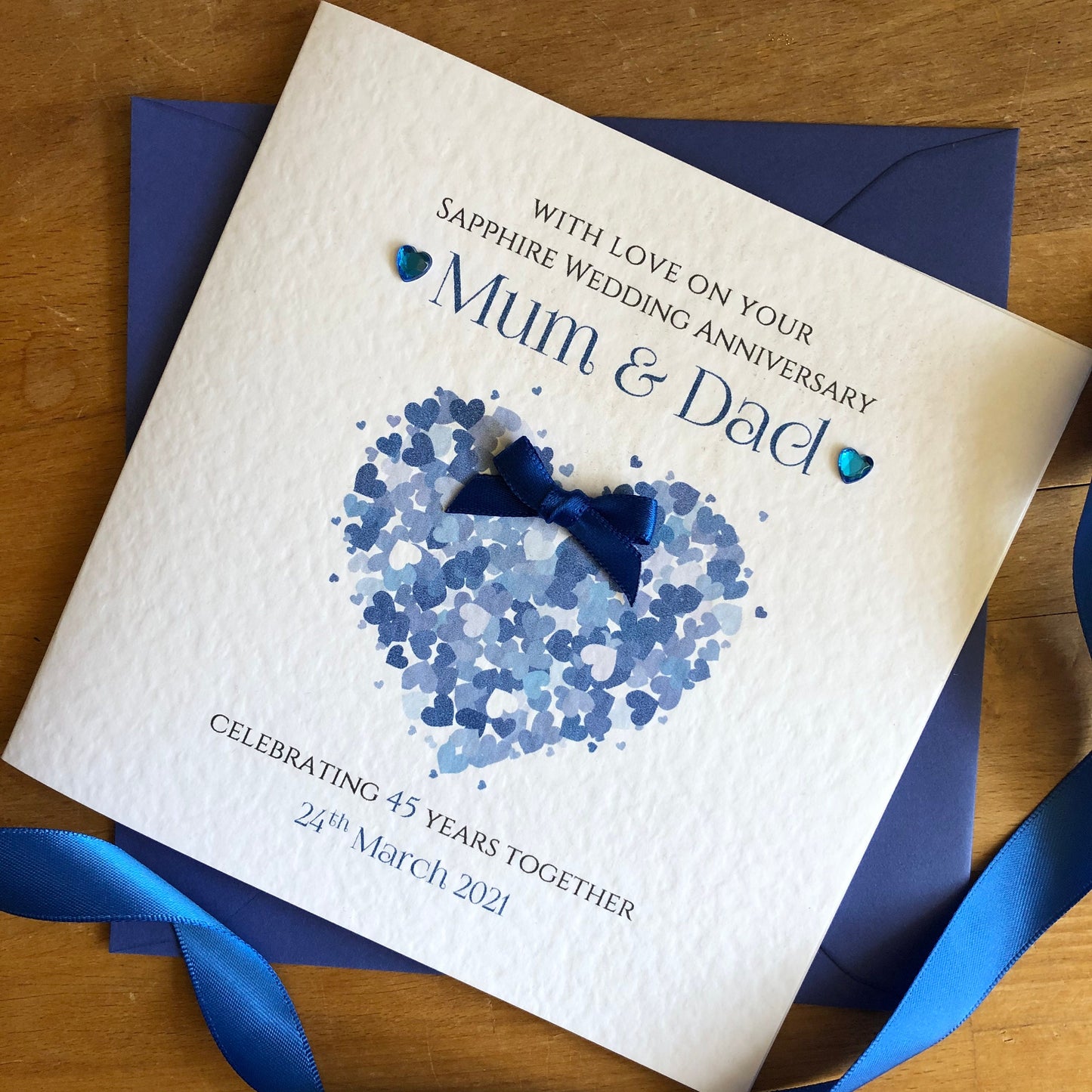 Sapphire Wedding Anniversary Card, Heart Hearts - 45 or 65 Years Personalised Card