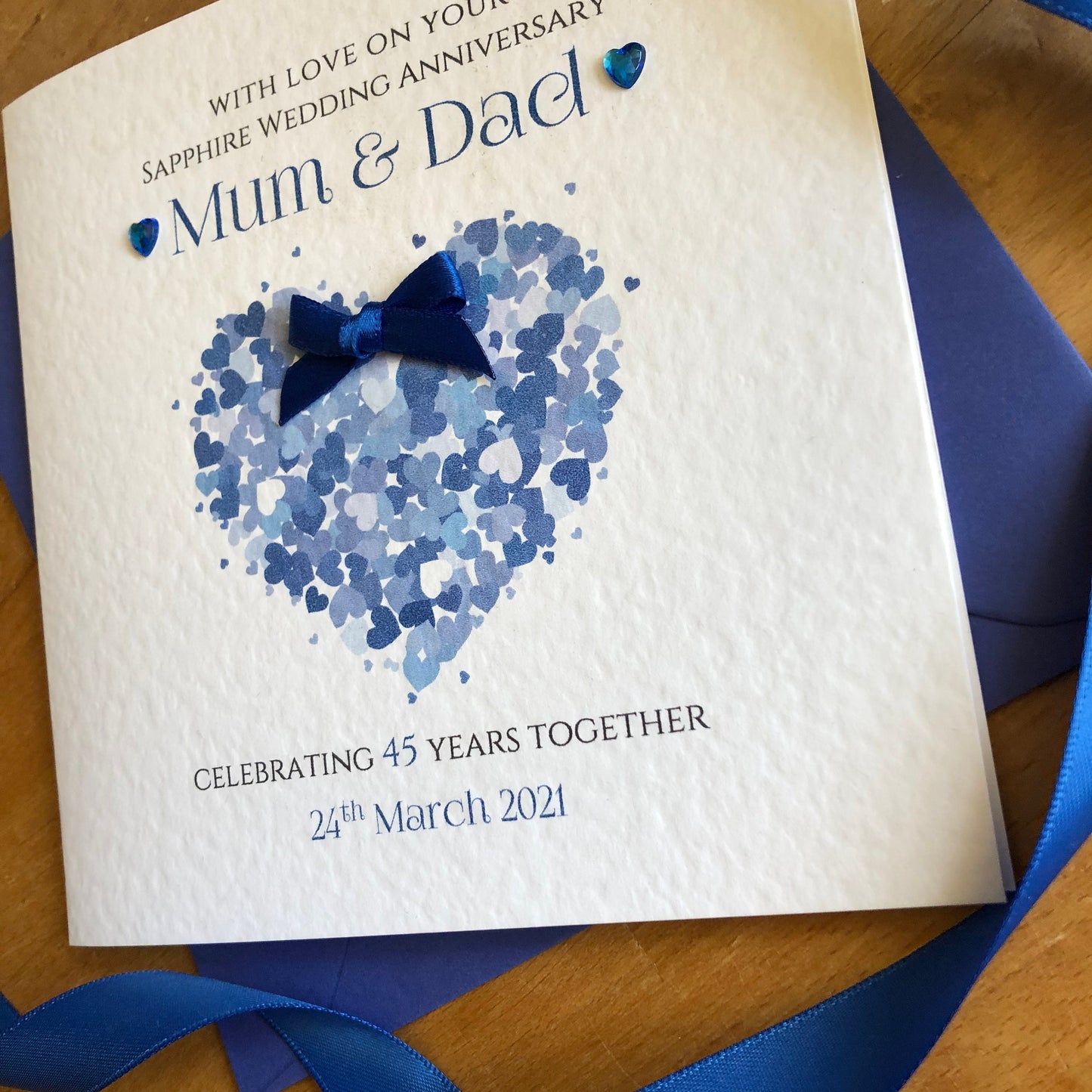 Sapphire Wedding Anniversary Card, Heart Hearts - 45 or 65 Years Personalised Card