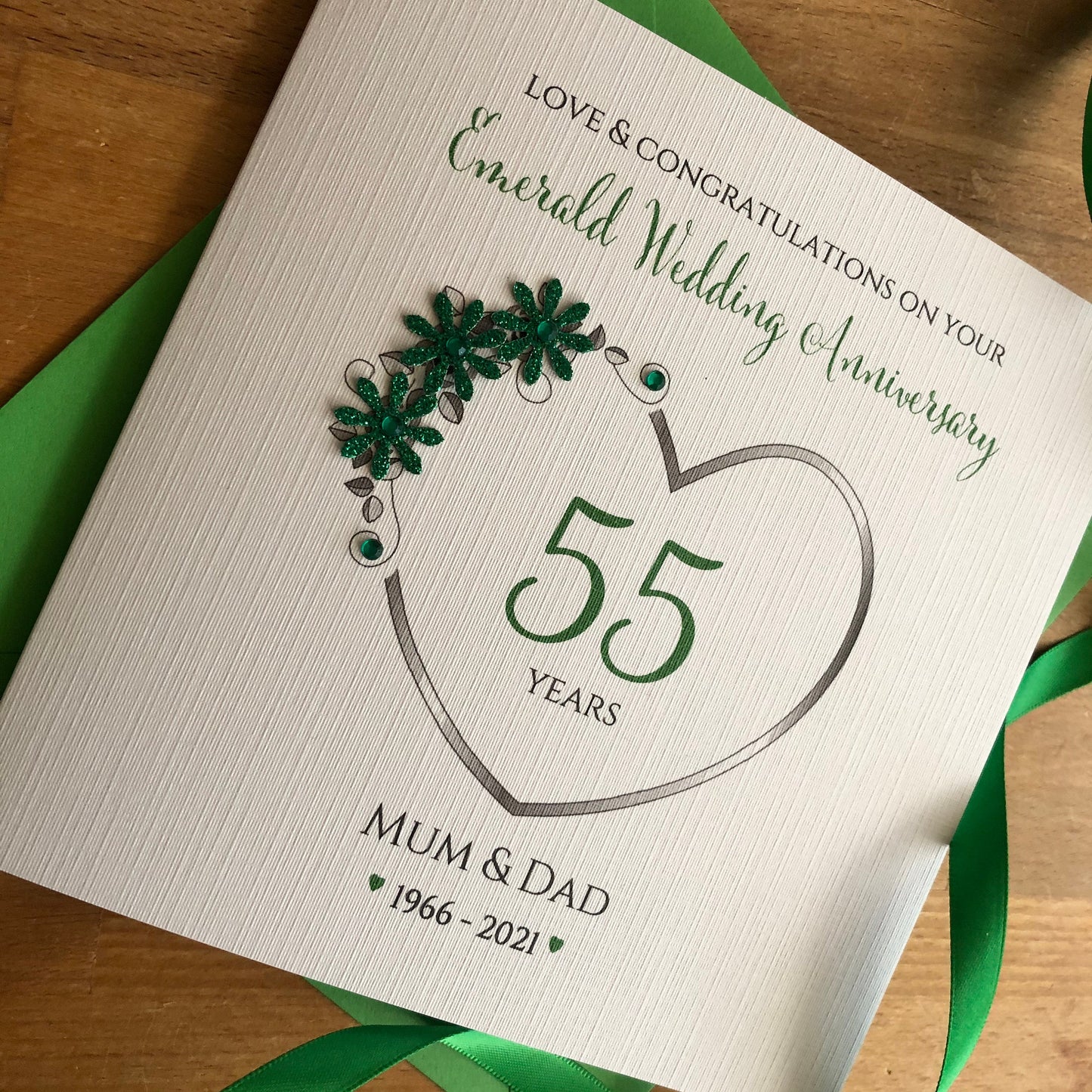 Emerald Wedding Anniversary Card, 55 Years Married - Glitter Number Heart