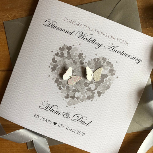 Diamond 60th or Platinum 70th Wedding Anniversary Card, Heart of Hearts & Butterflies