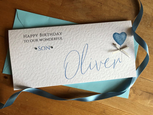 Birthday Money / Gift Voucher Wallet - Personalised Name - Blue Heart Balloon