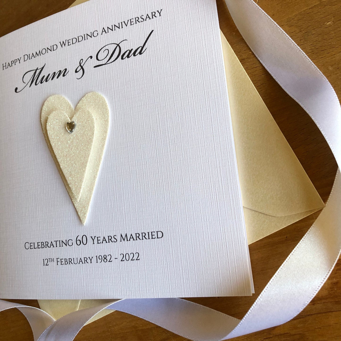 Personalised Diamond 60th or Platinum 70th Wedding Anniversary Card - Double Glitter Hearts