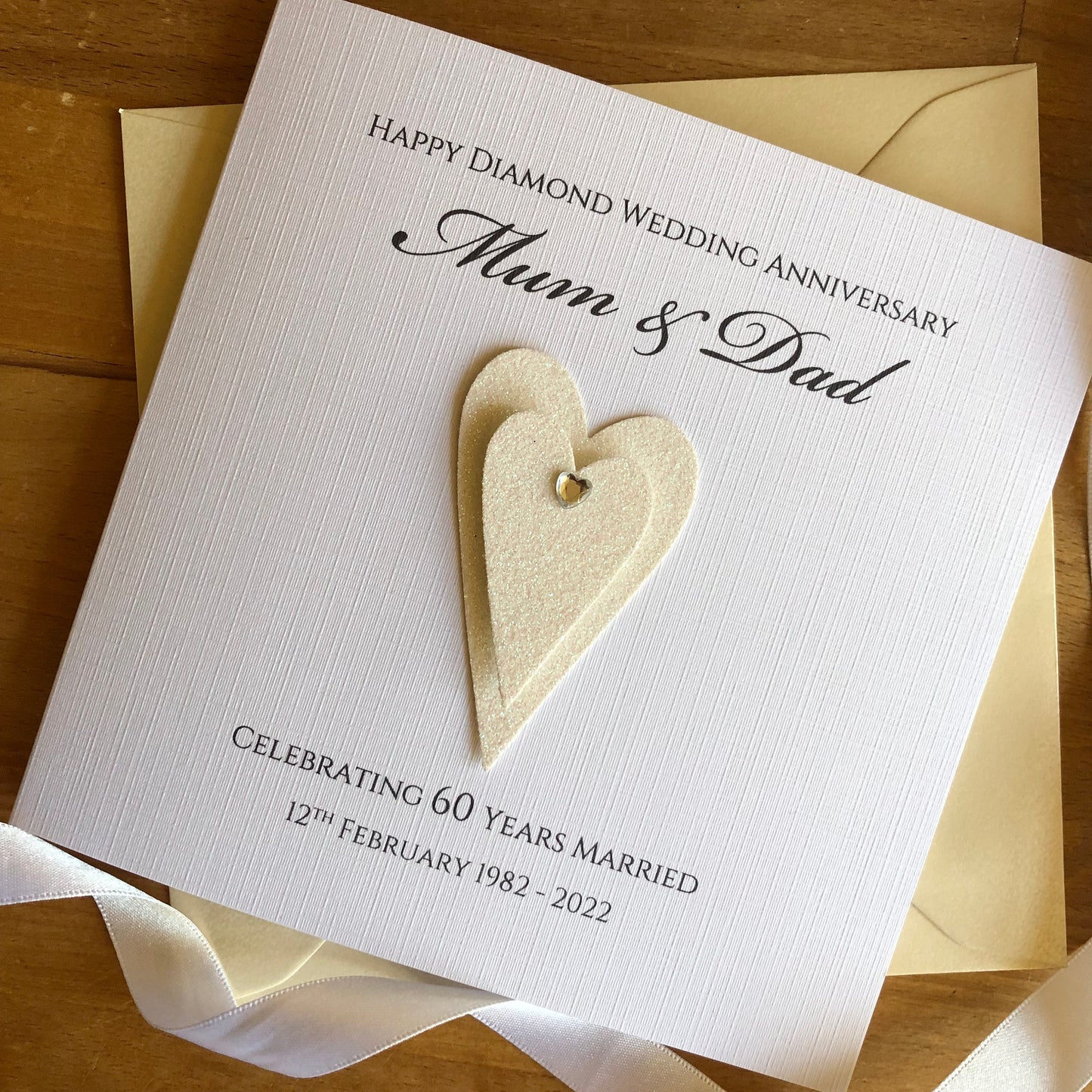 Personalised Diamond 60th or Platinum 70th Wedding Anniversary Card - Double Glitter Hearts