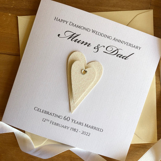 Personalised Diamond 60th or Platinum 70th Wedding Anniversary Card - Double Glitter Hearts