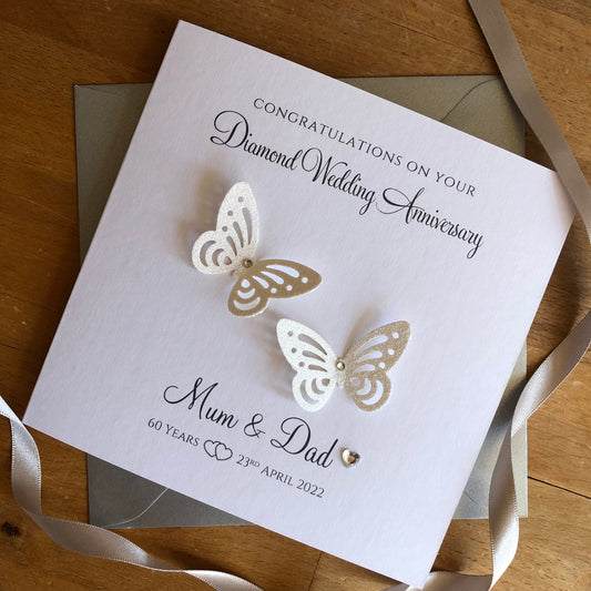 Personalised Diamond 60th or Platinum 70th Wedding Anniversary Card - Glitter Butterflies