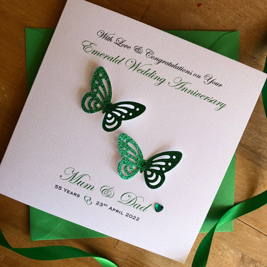 Personalised Emerald 55th Wedding Anniversary Card, Glitter Butterflies