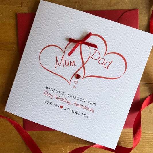 Ruby Wedding Anniversary Card, 40th Anniversary - Ruby Entwined Hearts - Personalised