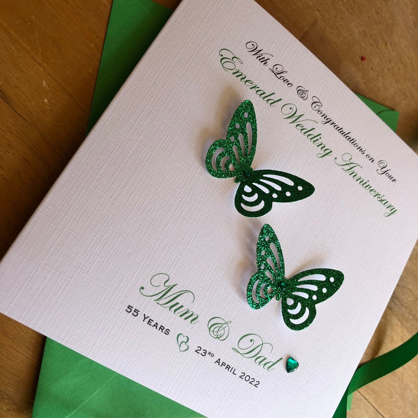 Personalised Emerald 55th Wedding Anniversary Card, Glitter Butterflies