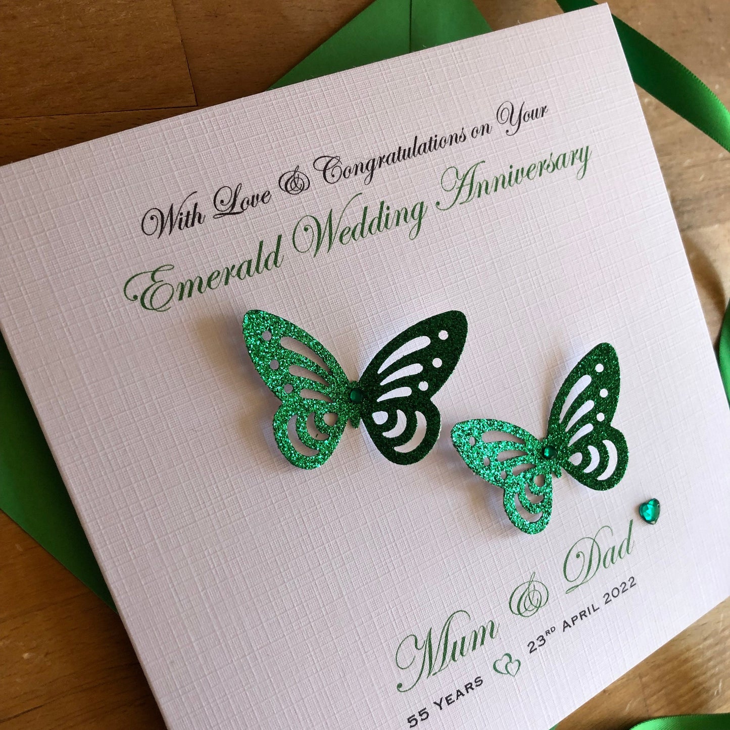 Personalised Emerald 55th Wedding Anniversary Card, Glitter Butterflies