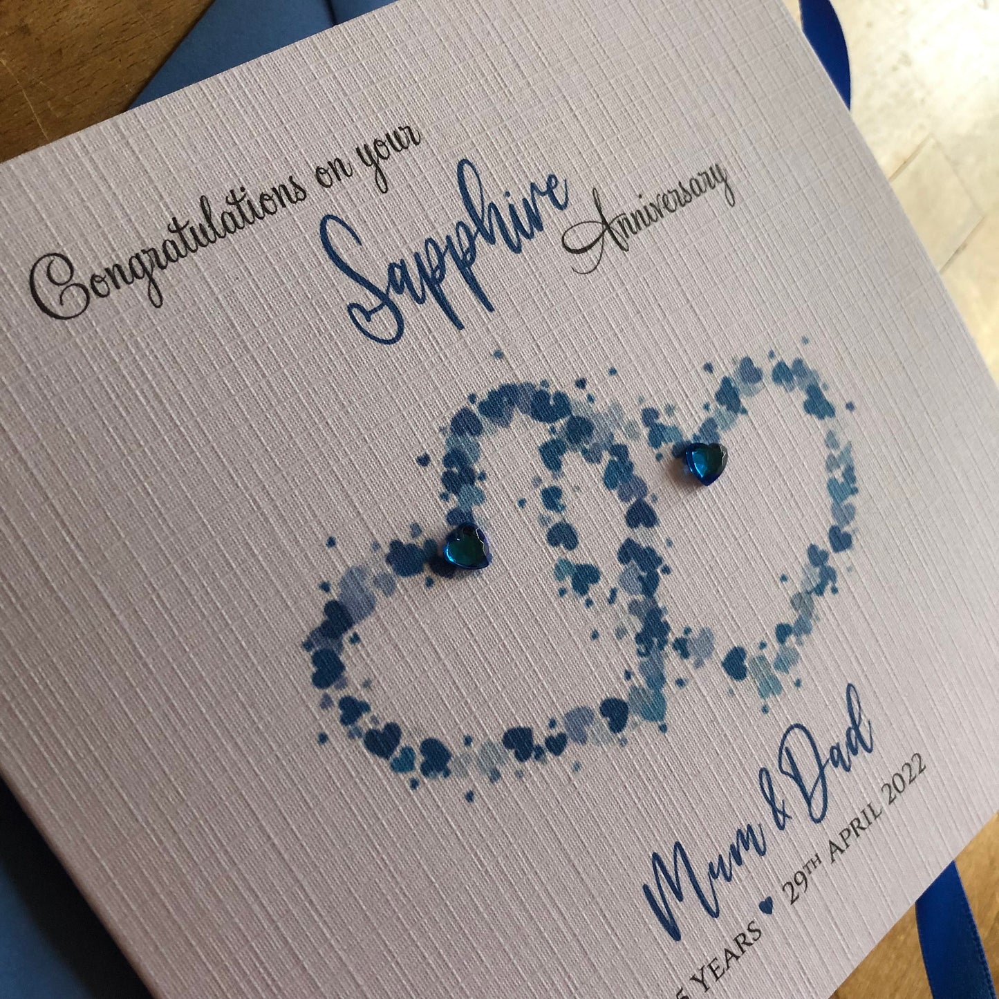 Sapphire Wedding Anniversary Card, Interlocking Hearts, 45 or 65 Years