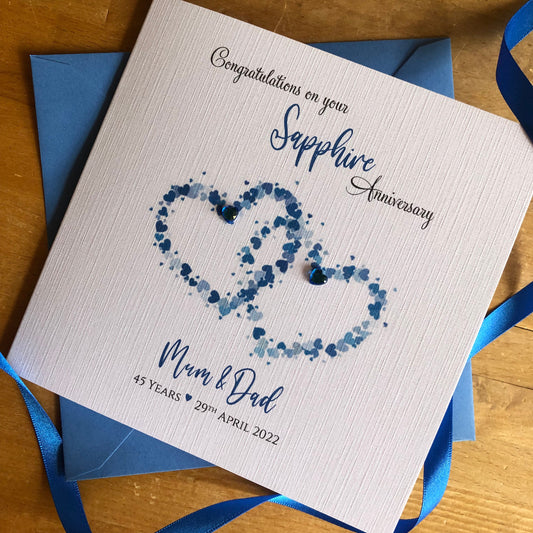 Sapphire Wedding Anniversary Card, Interlocking Hearts, 45 or 65 Years