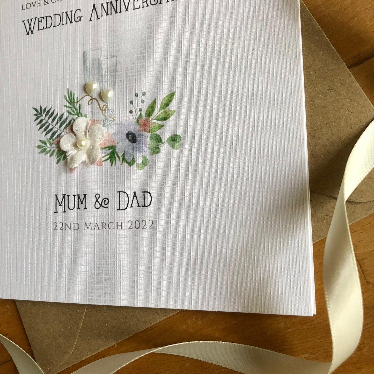 Wedding Anniversary Card, Personalised - Champagne Glasses & Flowers