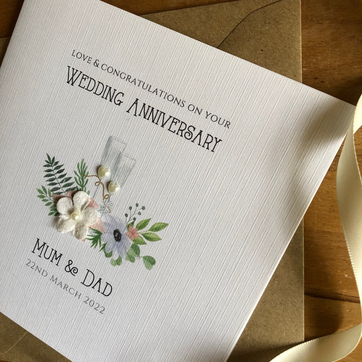 Wedding Anniversary Card, Personalised - Champagne Glasses & Flowers