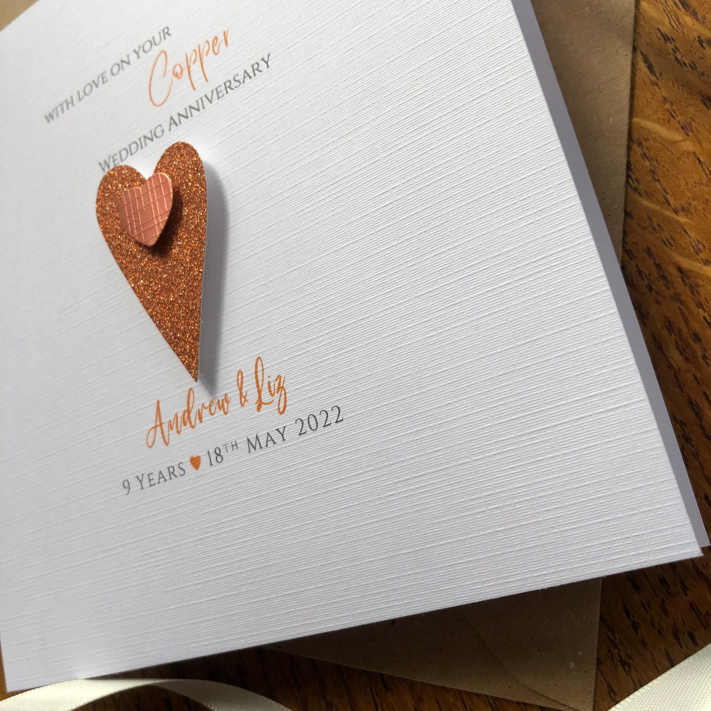 Personalised 7th / 9th / 22nd / 49th Wedding Anniversary Card - Copper - Two Hearts