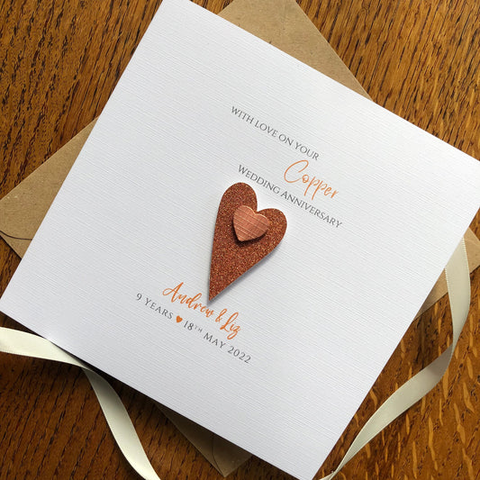 Personalised 7th / 9th / 22nd / 49th Wedding Anniversary Card - Copper - Two Hearts