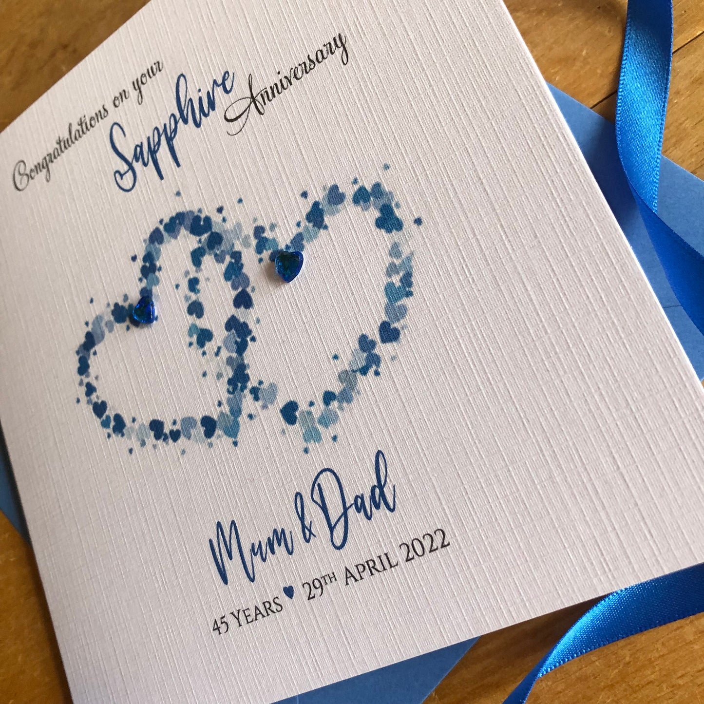 Sapphire Wedding Anniversary Card, Interlocking Hearts, 45 or 65 Years