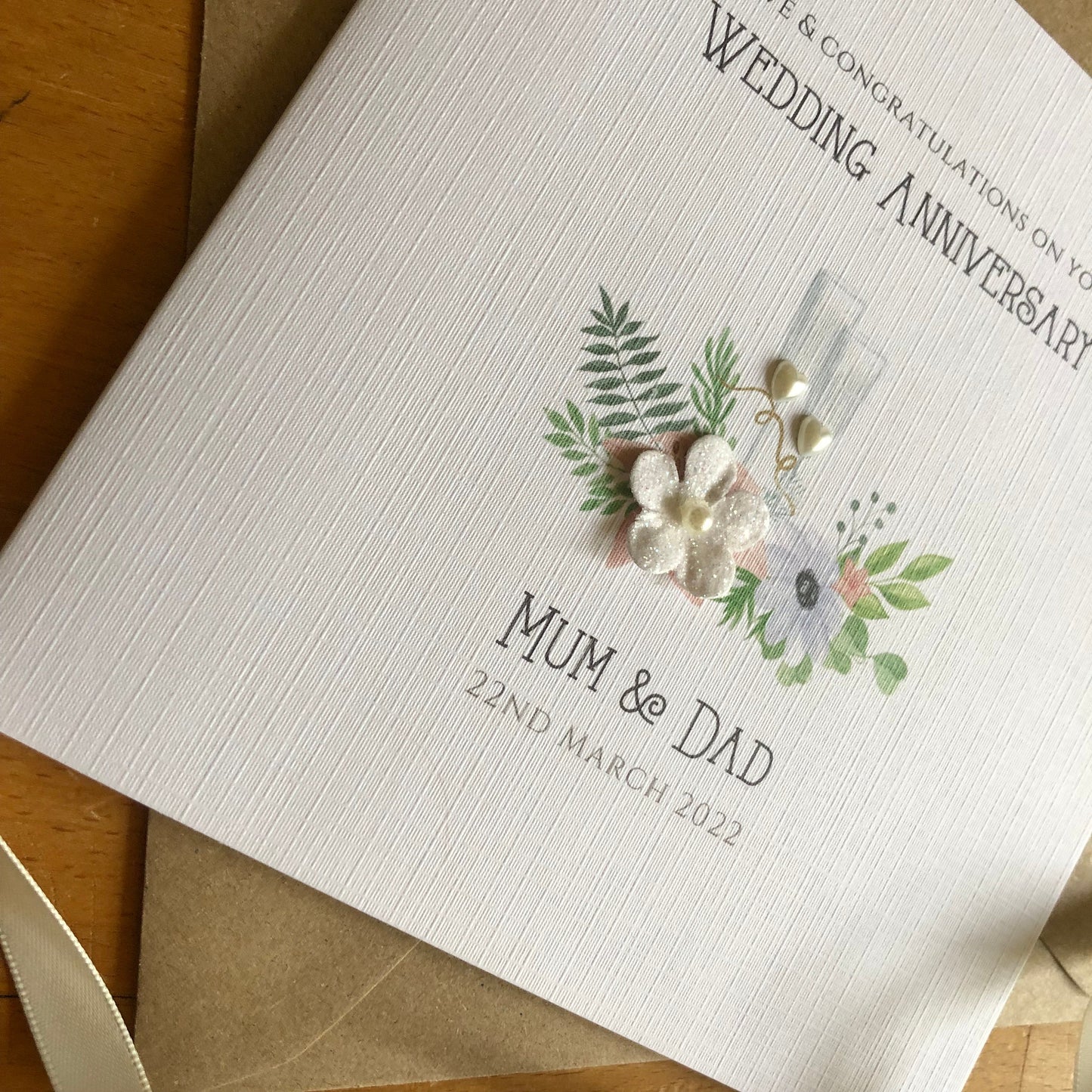 Wedding Anniversary Card, Personalised - Champagne Glasses & Flowers