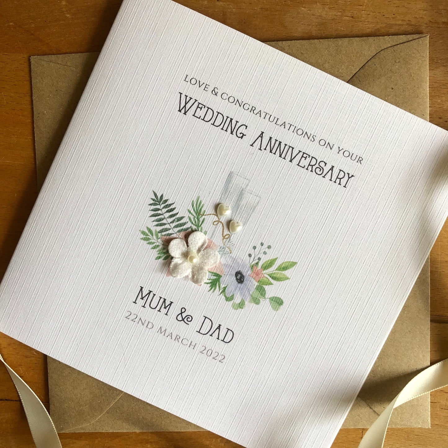 Wedding Anniversary Card, Personalised - Champagne Glasses & Flowers