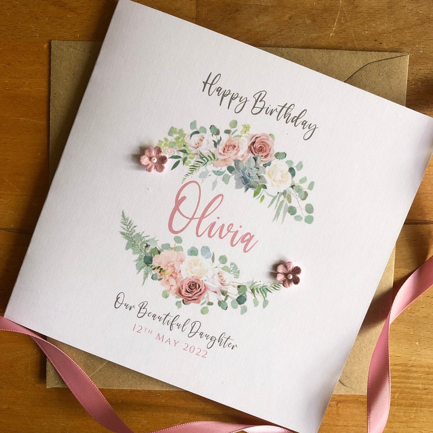 Personalised Birthday Card - Rose Gold Frame with Flowers