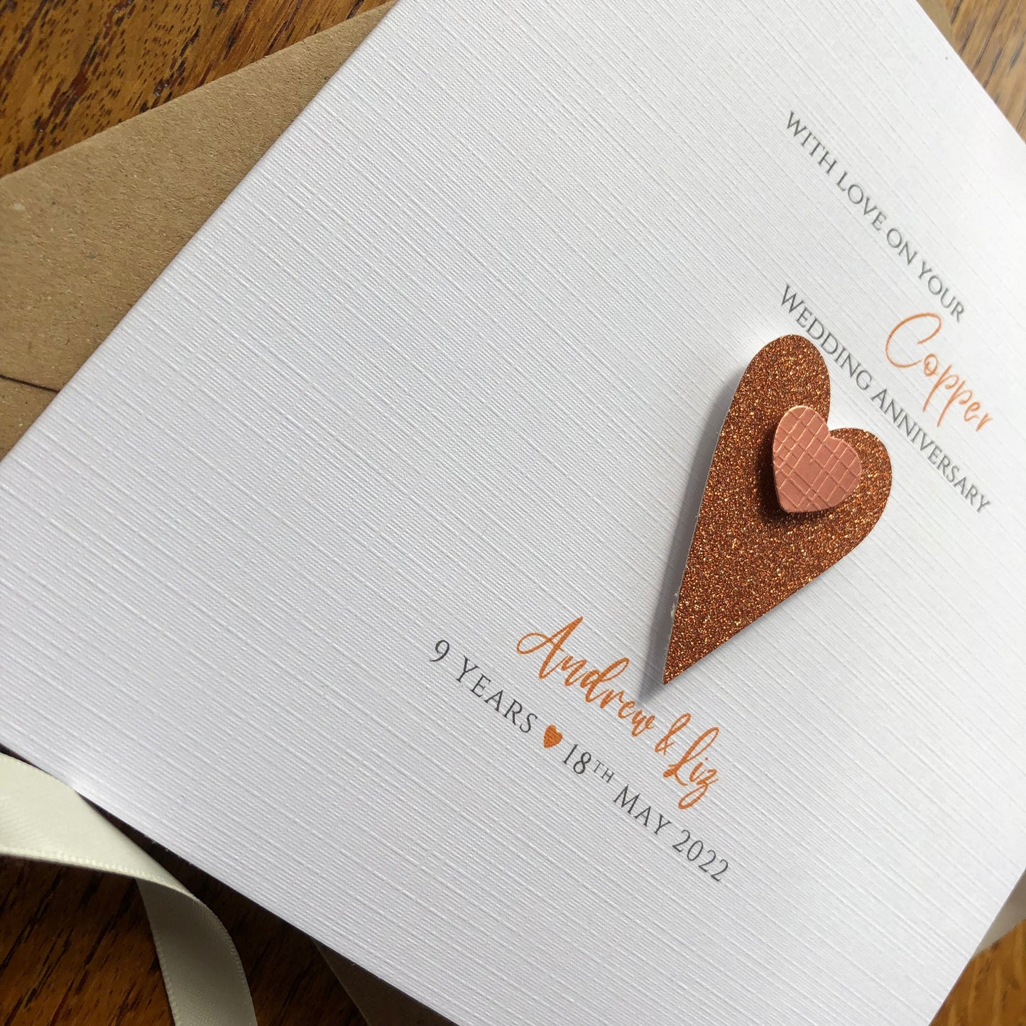 Personalised 7th / 9th / 22nd / 49th Wedding Anniversary Card - Copper - Two Hearts