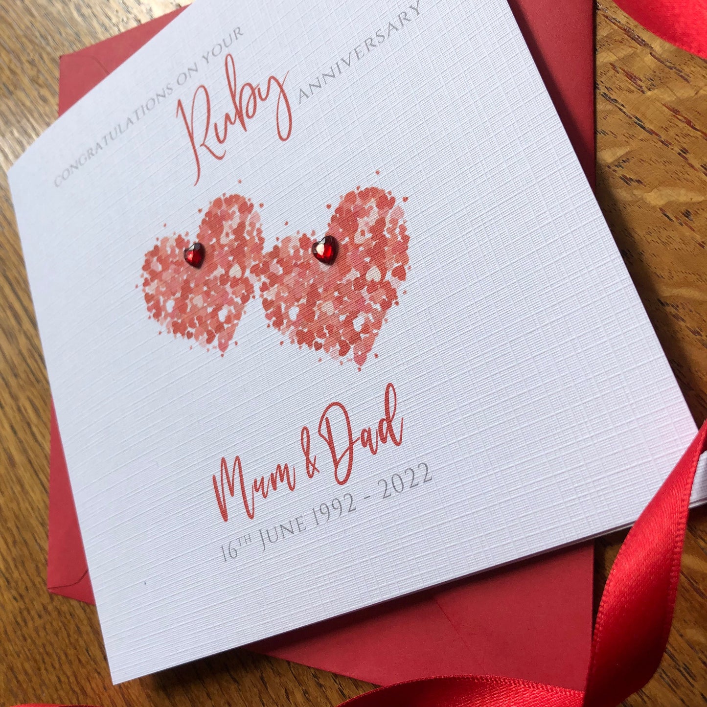 Ruby Wedding Anniversary Card, Personalised - Two Heart of Hearts