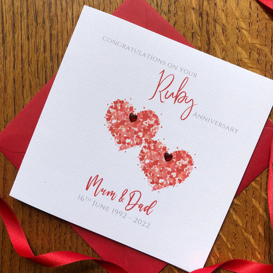 Ruby Wedding Anniversary Card, Personalised - Two Heart of Hearts