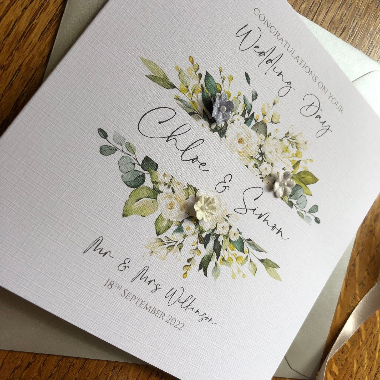 Personalised Newlyweds Bride & Groom Wedding Day Card - Green / Cream Floral Frame