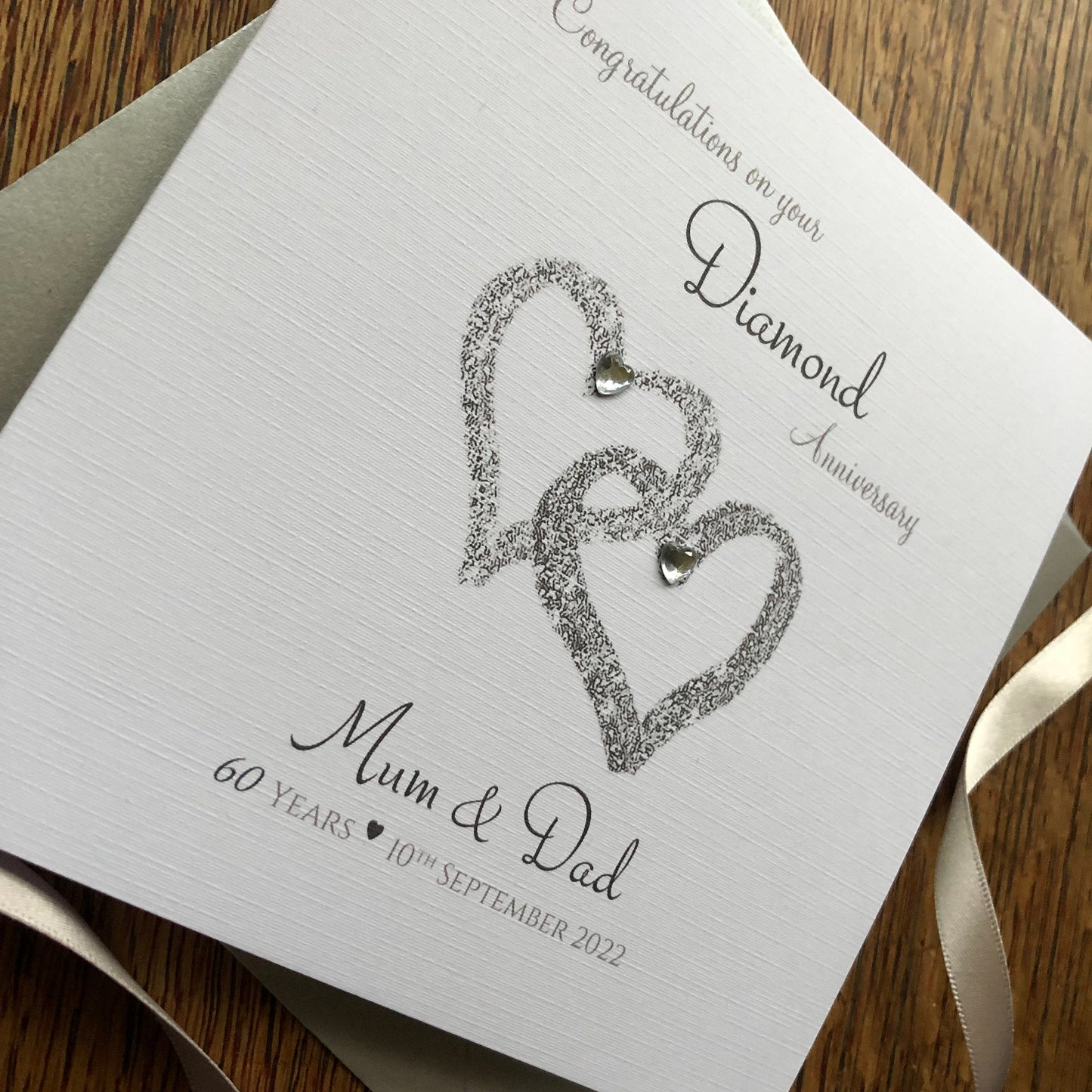 Personalised Diamond 60th or Platinum 70th Wedding Anniversary Card - Interlocking Hearts