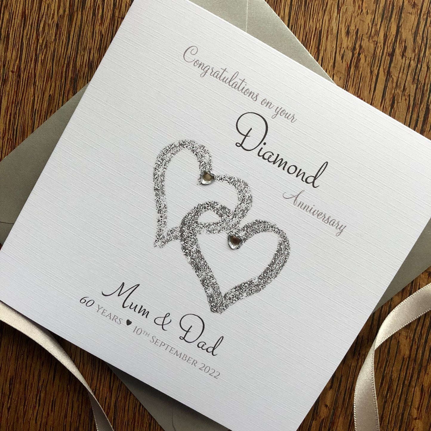 Personalised Diamond 60th or Platinum 70th Wedding Anniversary Card - Interlocking Hearts