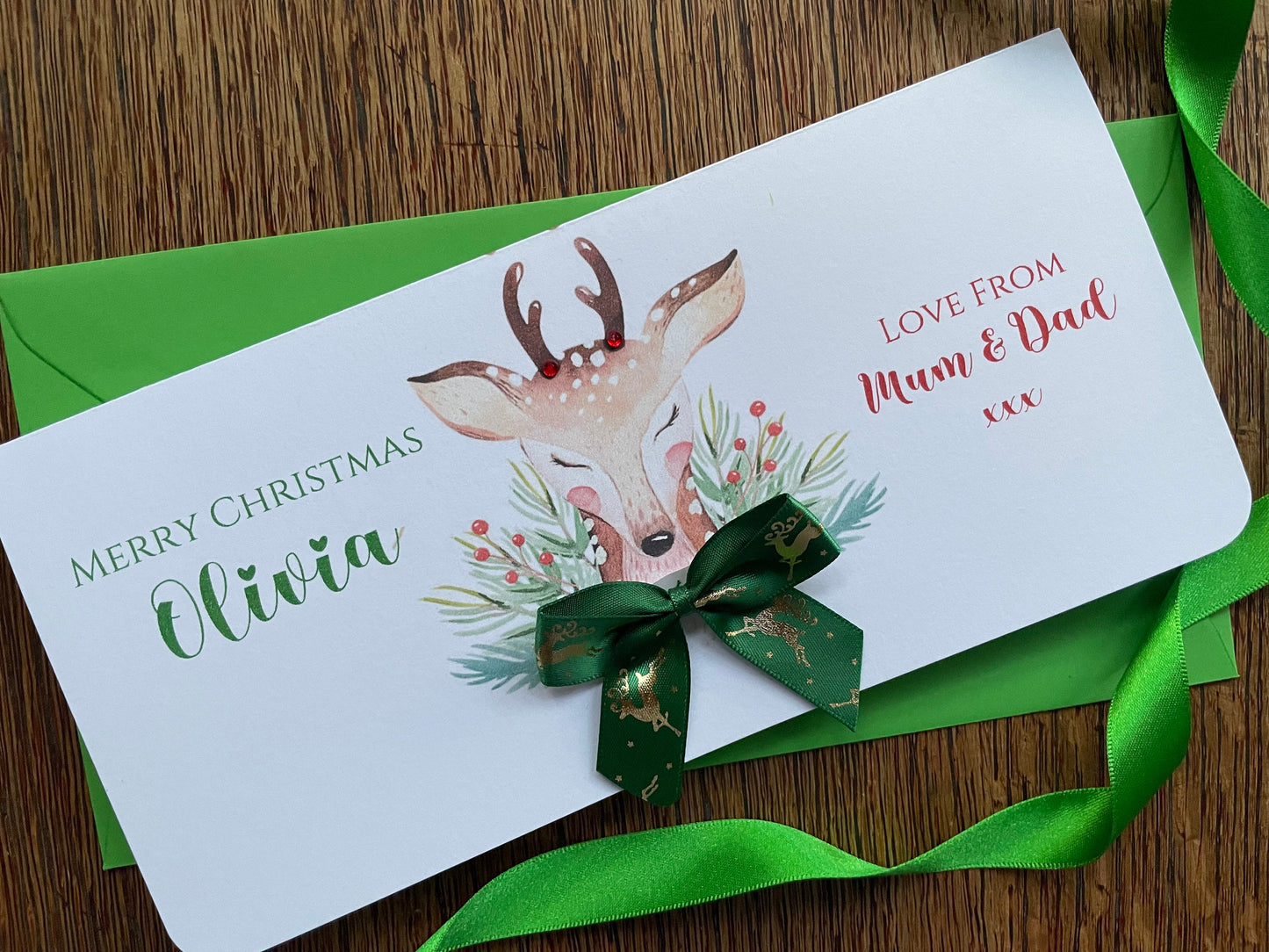 Personalised Christmas Deer Money / Gift / Voucher Wallet - Money Wallet with Crystals and Bow