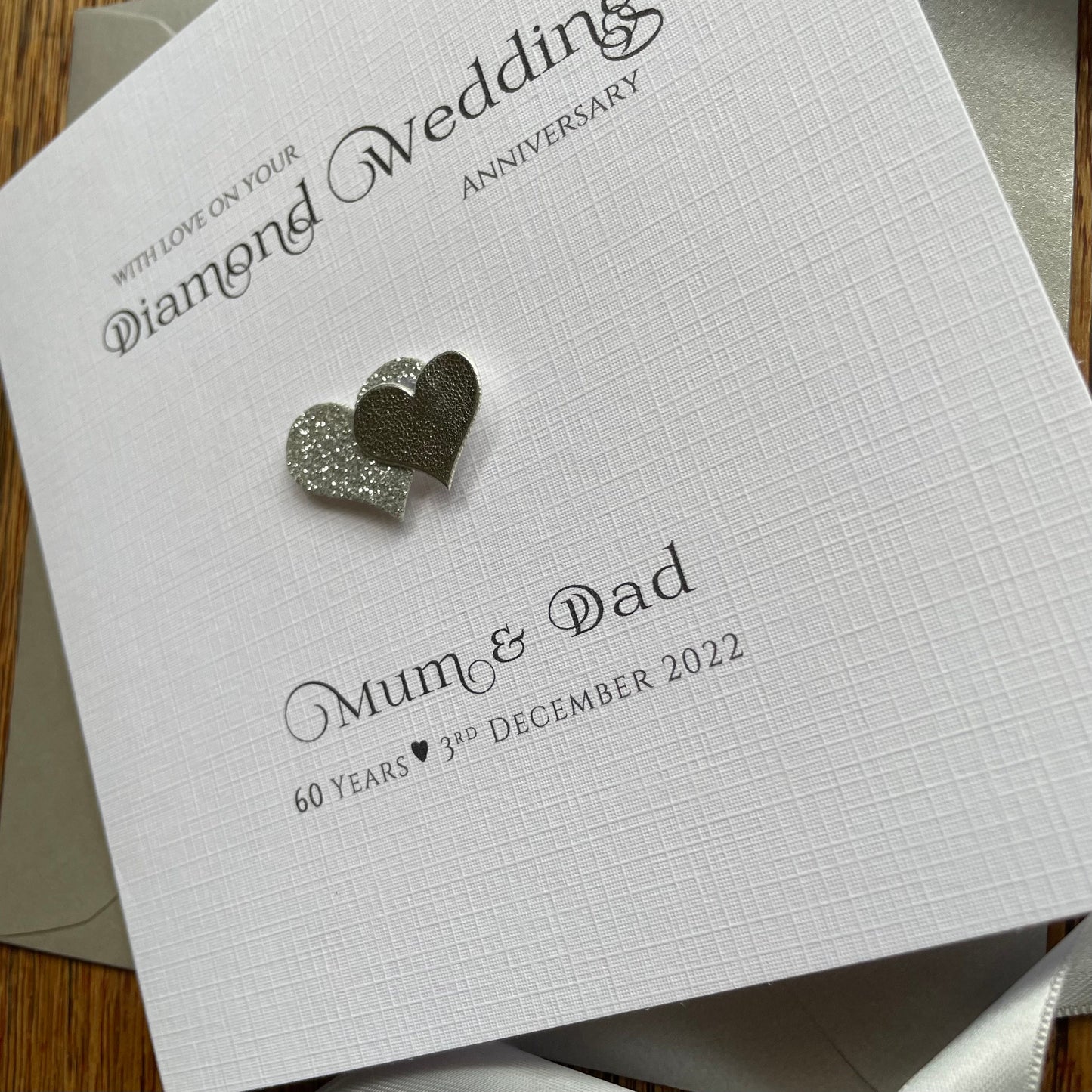 Personalised Diamond, Platinum, Silver Wedding Anniversary Card - 60 Years, 70 Years, 25 Years - Double Glitter Hearts