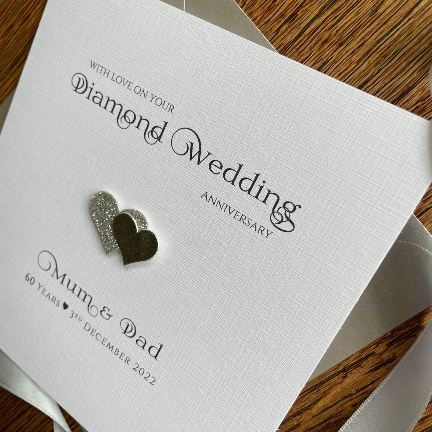 Personalised Diamond, Platinum, Silver Wedding Anniversary Card - 60 Years, 70 Years, 25 Years - Double Glitter Hearts