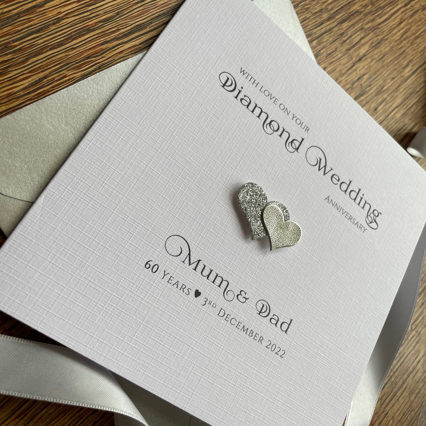 Personalised Diamond, Platinum, Silver Wedding Anniversary Card - 60 Years, 70 Years, 25 Years - Double Glitter Hearts