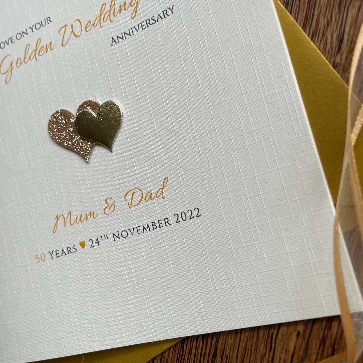 Personalised Golden Wedding Anniversary Card, Gold Double Glitter Hearts