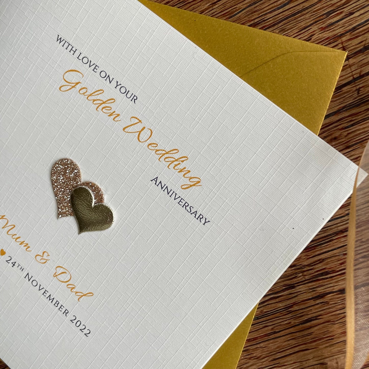 Personalised Golden Wedding Anniversary Card, Gold Double Glitter Hearts