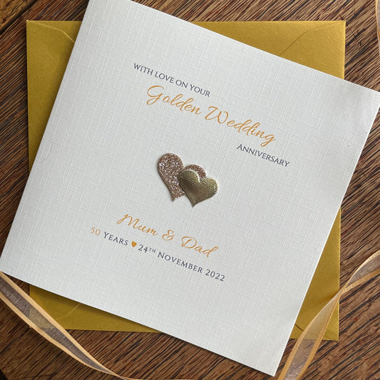 Personalised Golden Wedding Anniversary Card, Gold Double Glitter Hearts