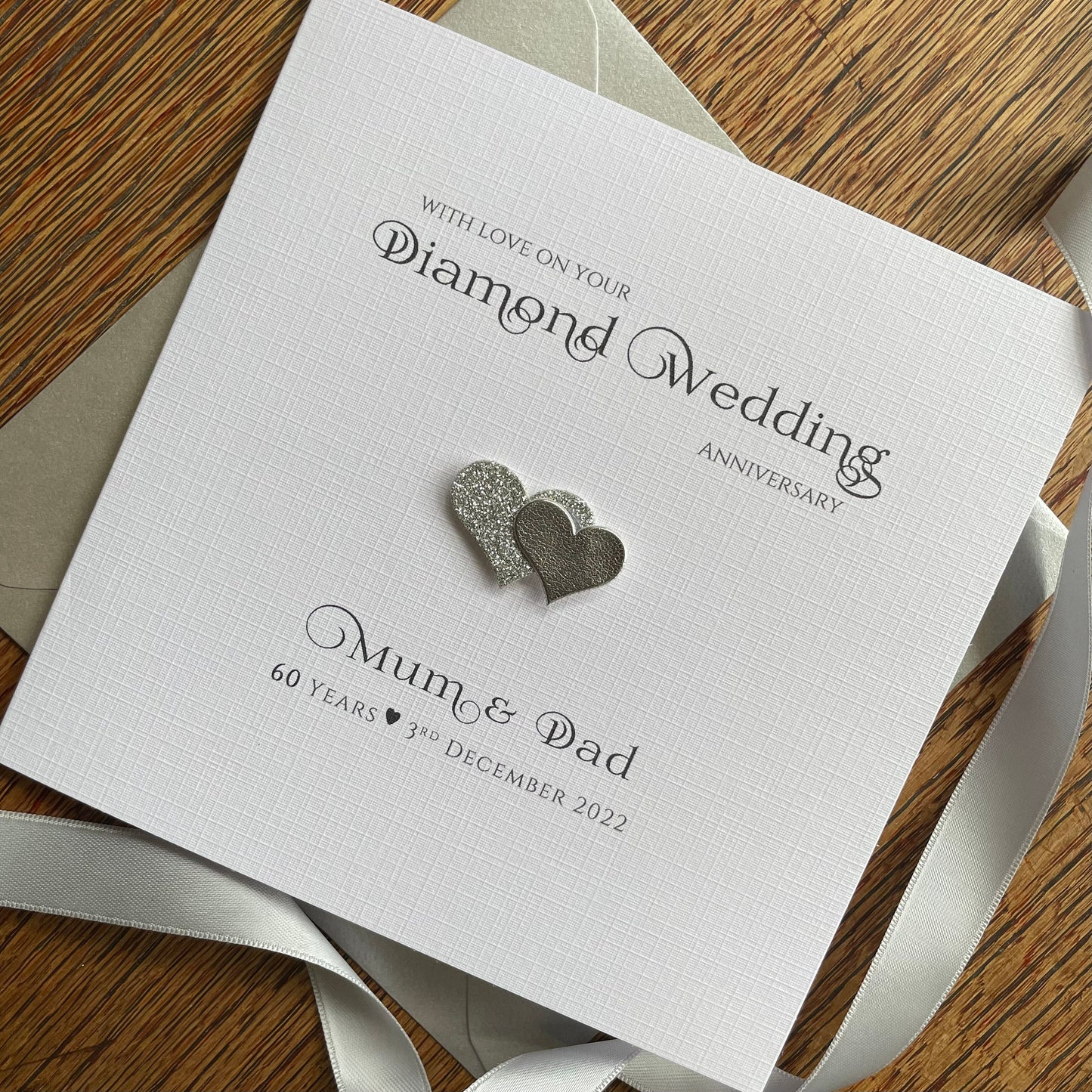 Personalised Diamond, Platinum, Silver Wedding Anniversary Card - 60 Years, 70 Years, 25 Years - Double Glitter Hearts