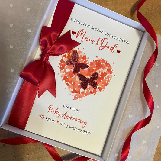 Luxury Ruby Wedding Anniversary Card, Personalised 40th Anniversary, Hearts & Butterflies - Boxed