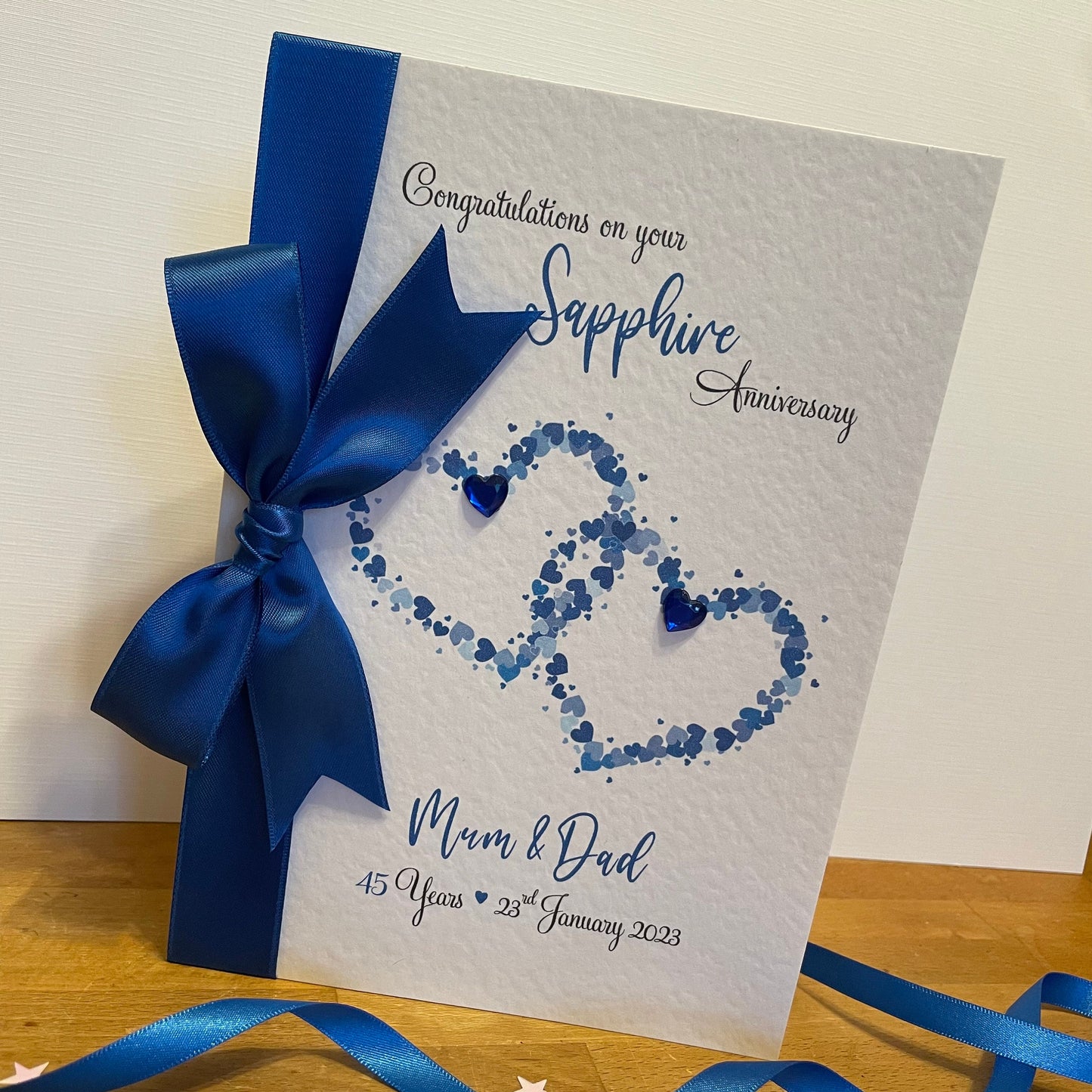 Luxury Sapphire 45th, 65th Wedding Anniversary Card, Enwined Hearts - Boxed