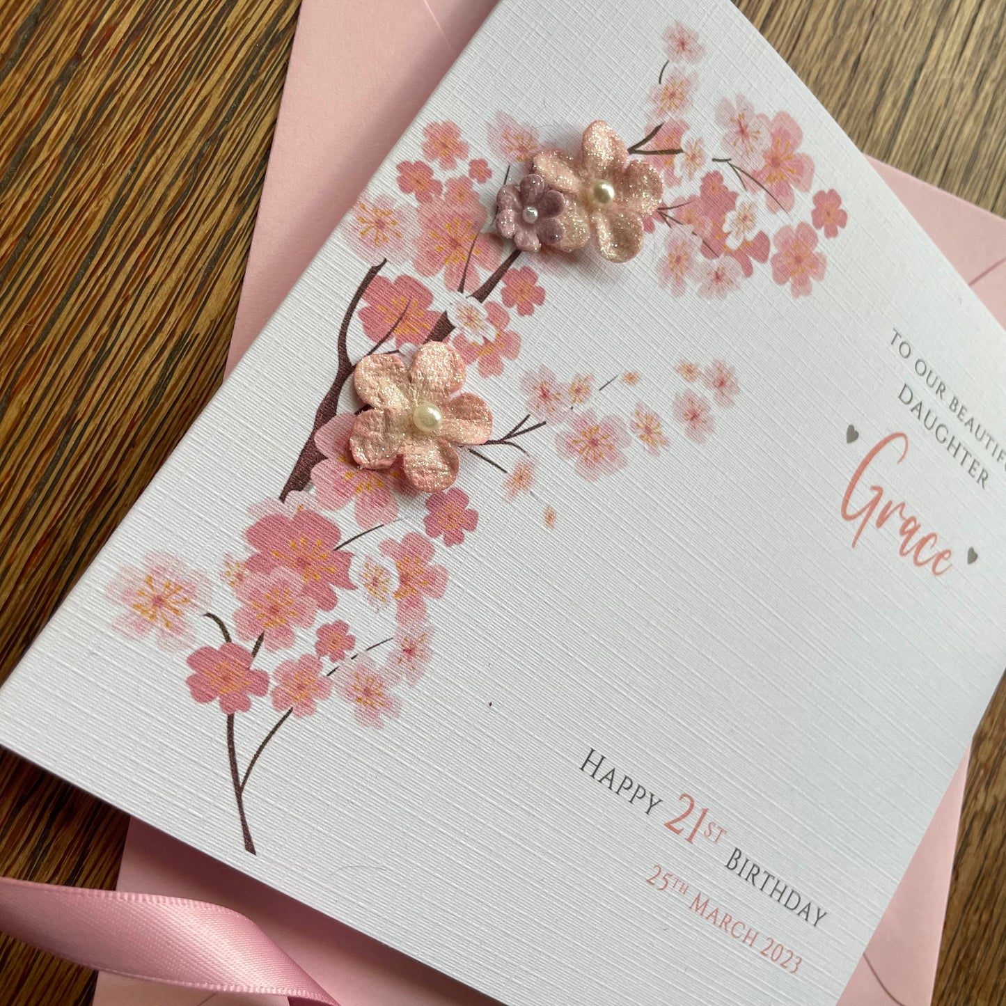 Personalised Birthday Card - Pink Blossom Paper Flowers