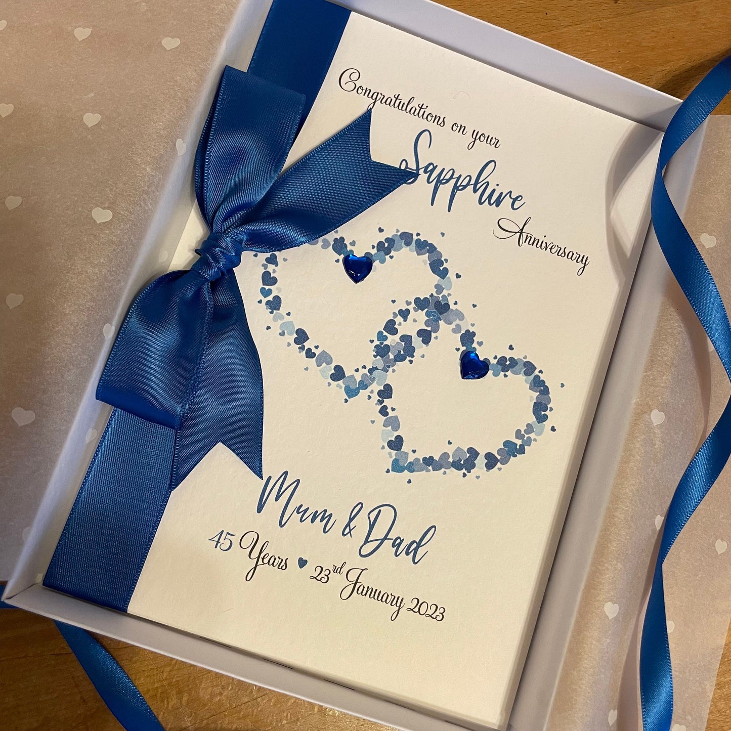 Luxury Sapphire 45th, 65th Wedding Anniversary Card, Enwined Hearts - Boxed