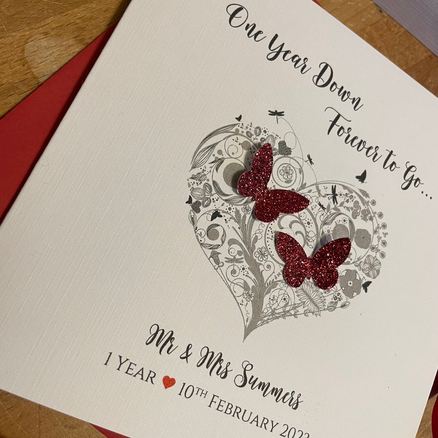 Personalised 1st Wedding Anniversary Card - Paper Anniversary -  Glitter Butterfly Heart