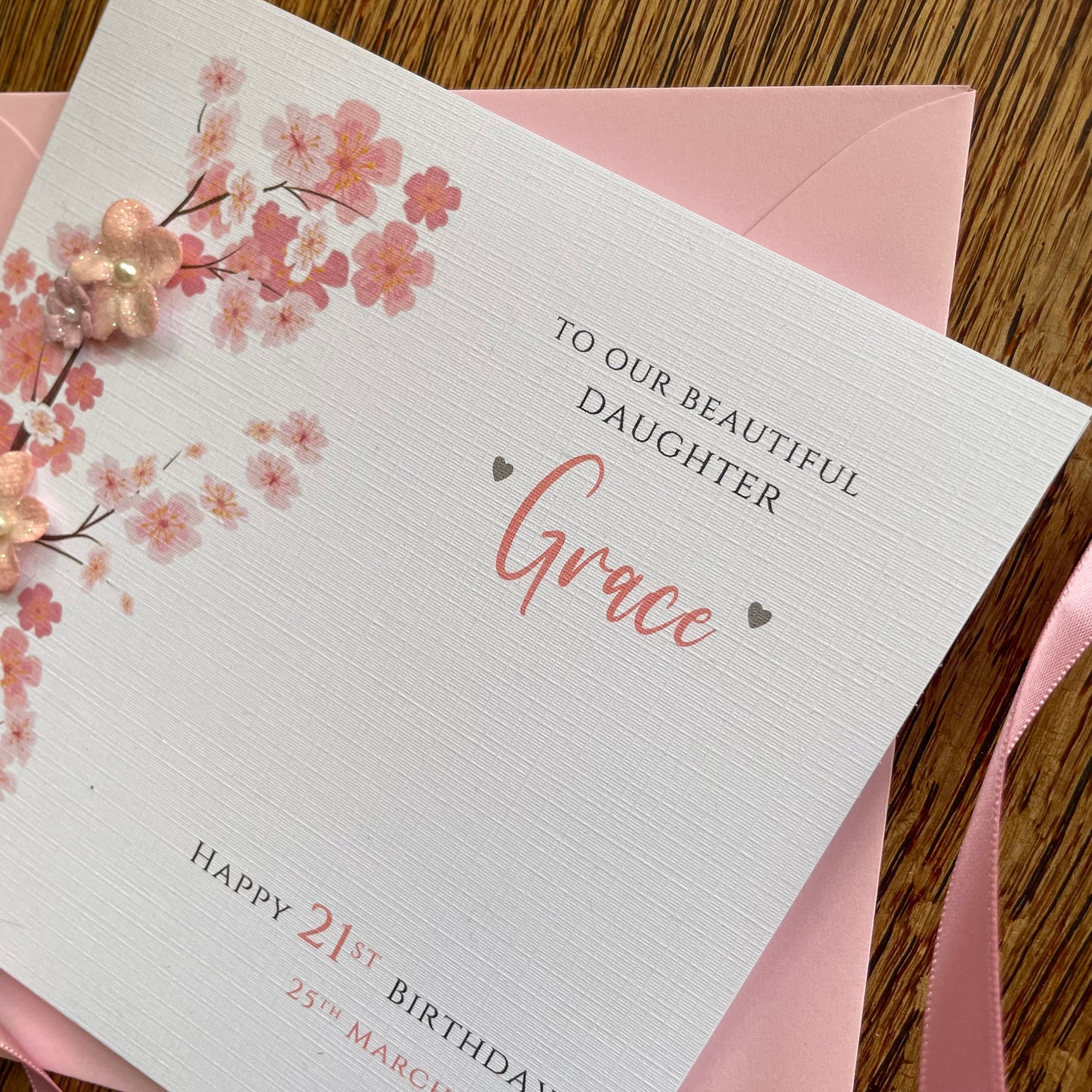 Personalised Birthday Card - Pink Blossom Paper Flowers