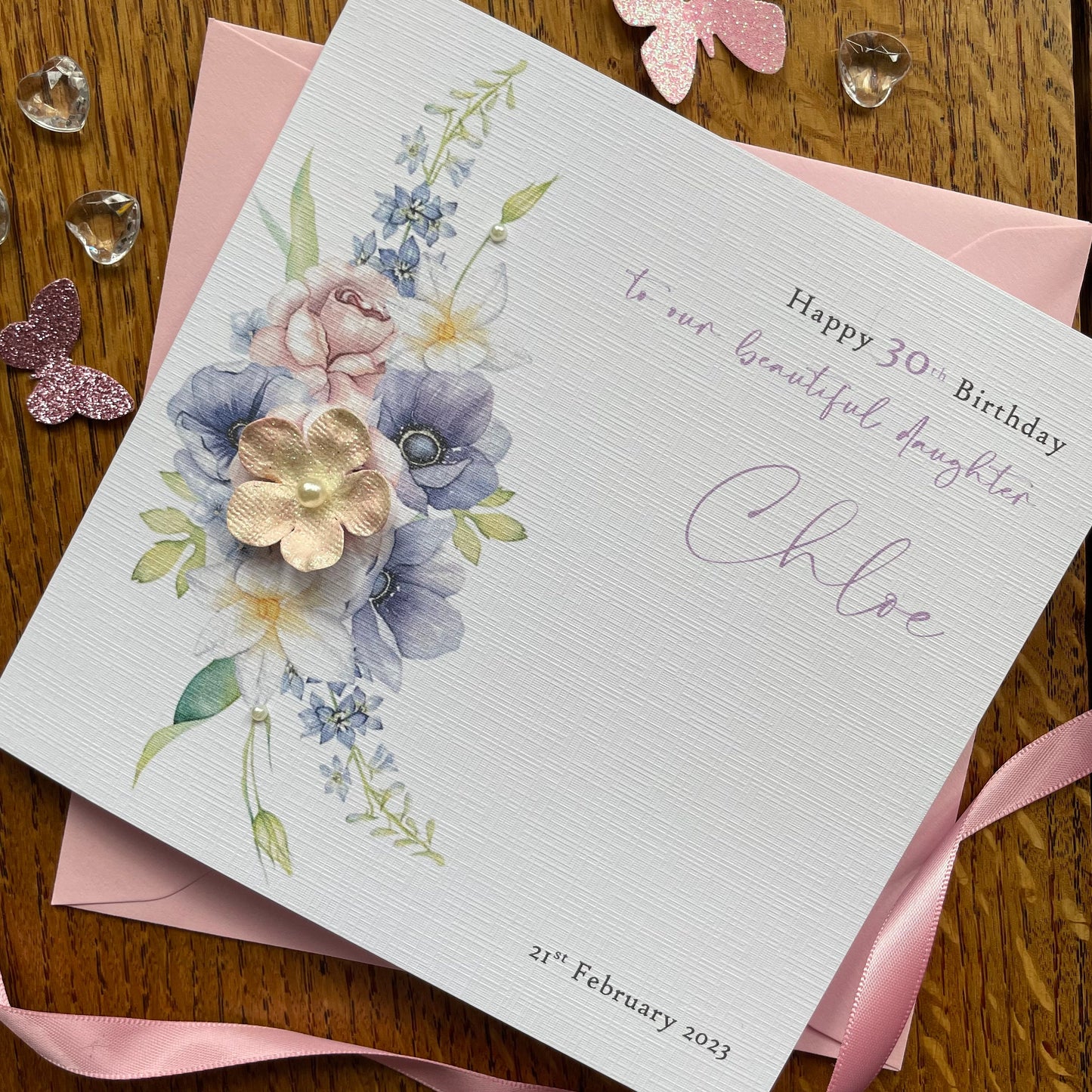 Personalised Birthday Card - Large Pink Glitter Paper Flower