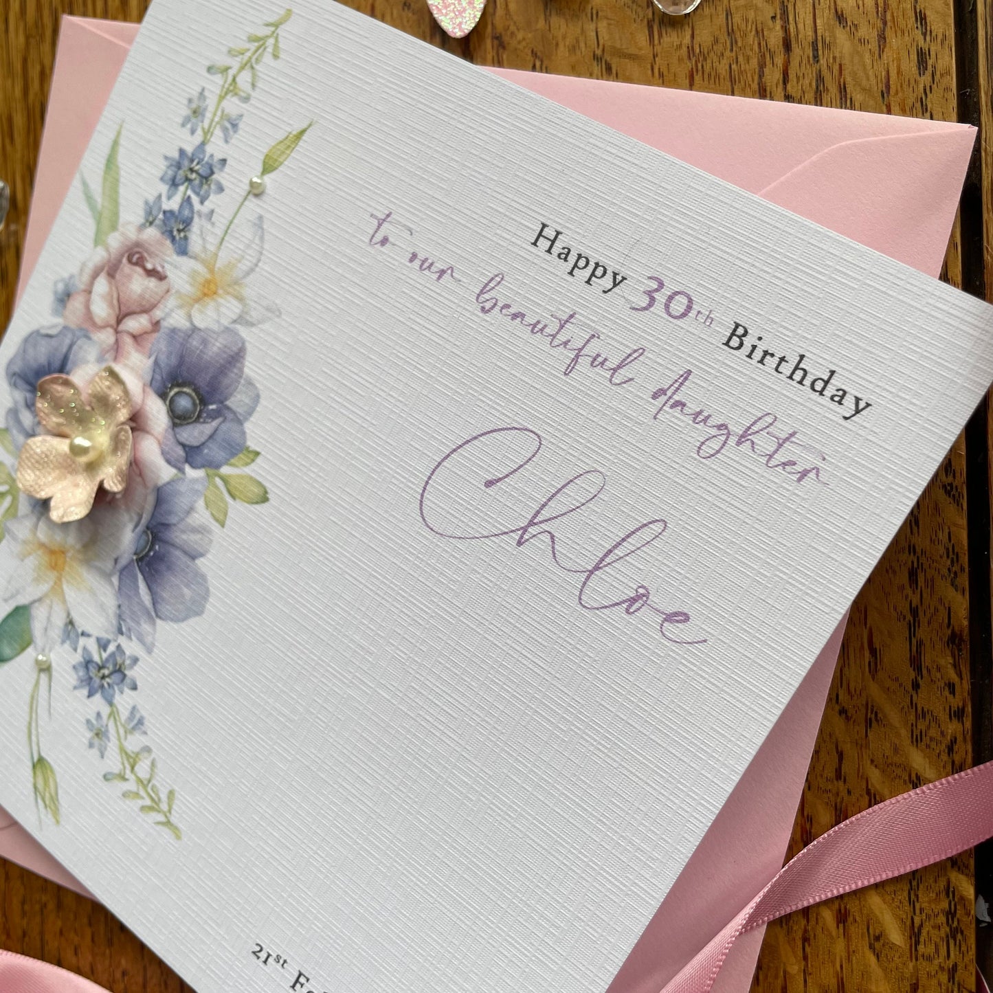 Personalised Birthday Card - Large Pink Glitter Paper Flower