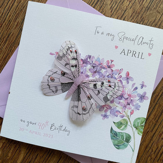 Personalised Birthday Card - Feather Butterfly - Lilac or Pink