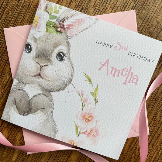 Personalised Birthday Card - Rabbit with Glitter and Pearl Flower - Daughter, Sister, Niece - 1st, 2nd, 3rd