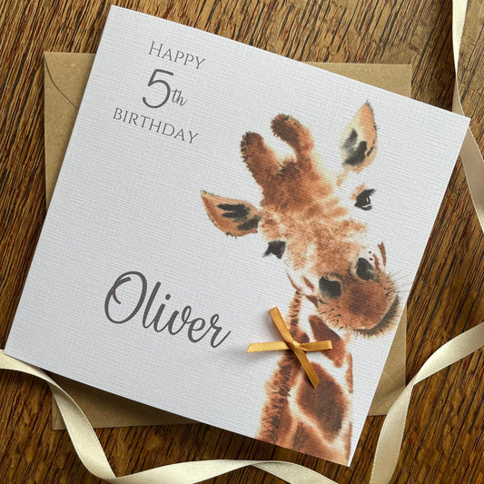 Personalised Birthday Card - Large Giraffe with Ribbon Bow