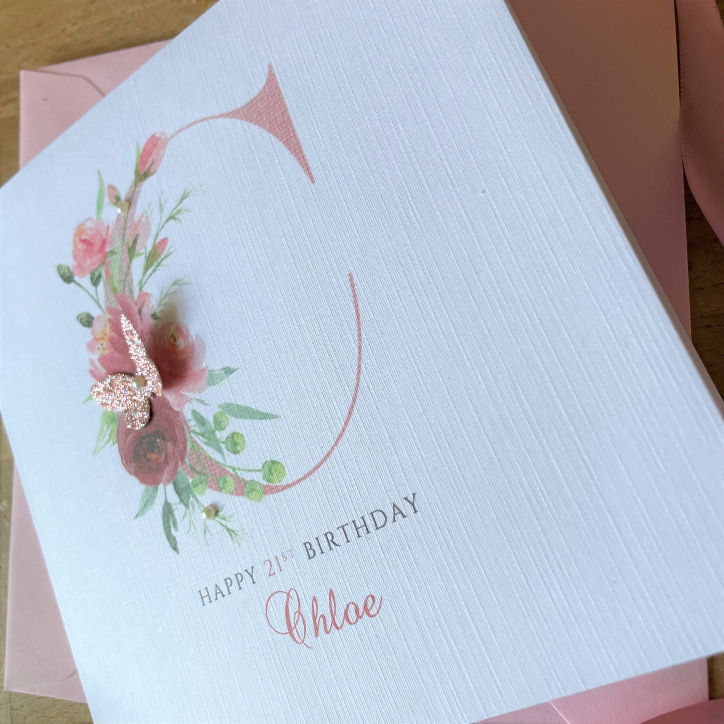 Personalised Birthday Card - Rose Gold Monogram Floral Initial Card with Glitter Butterfly and Pearls