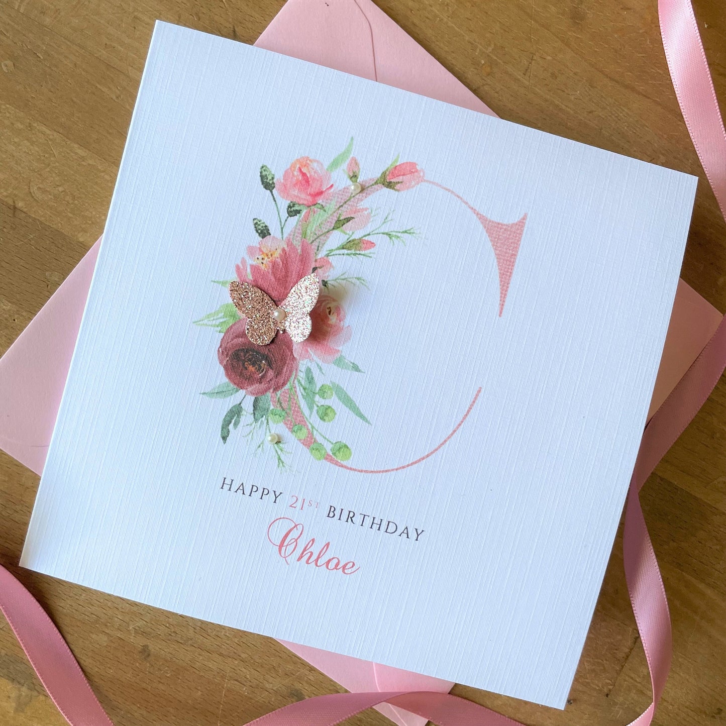 Personalised Birthday Card - Rose Gold Monogram Floral Initial Card with Glitter Butterfly and Pearls